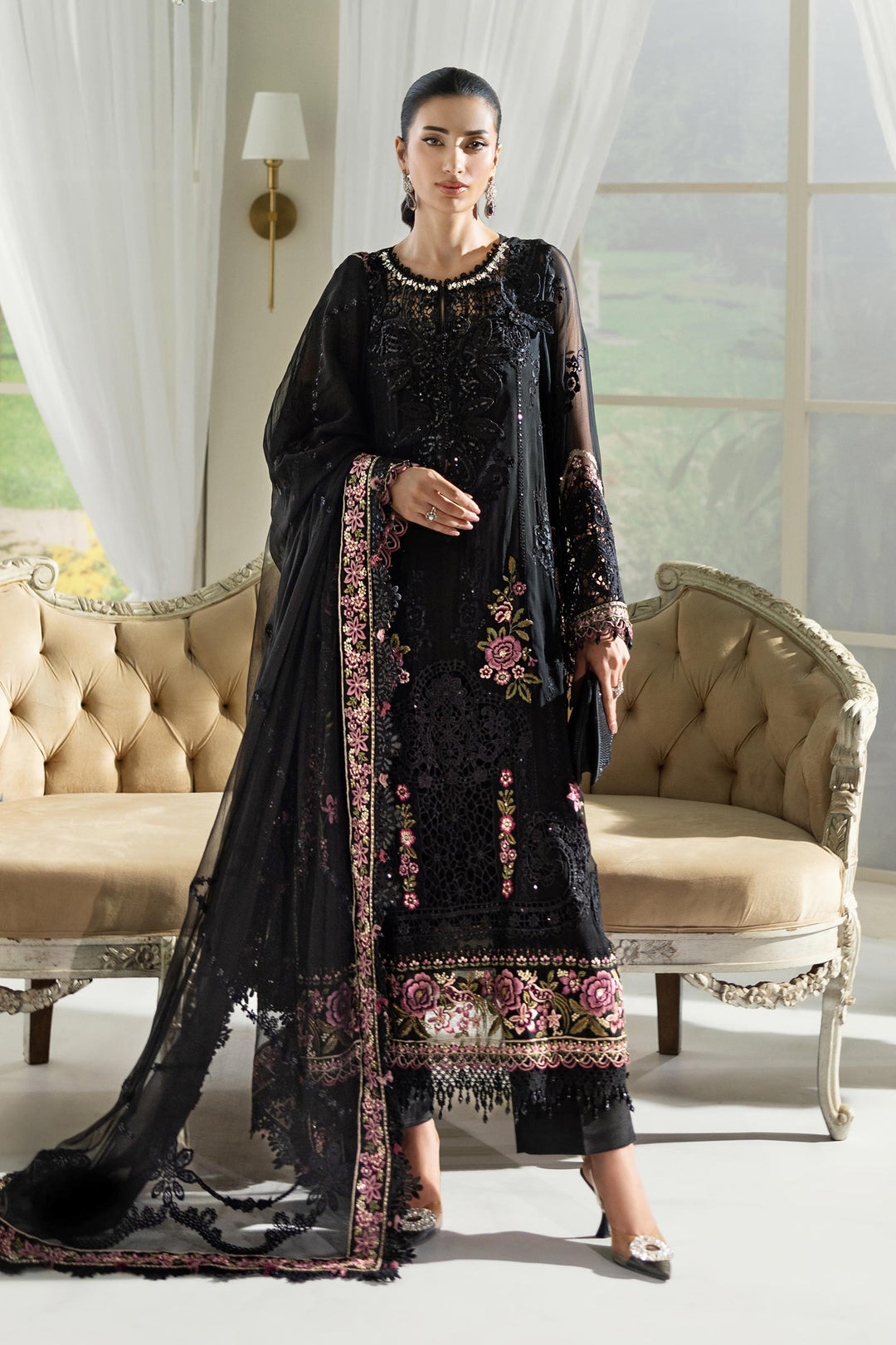 3 Piece Maria .B Unstitched Embroidered Chiffon Suit | MPC-25-104