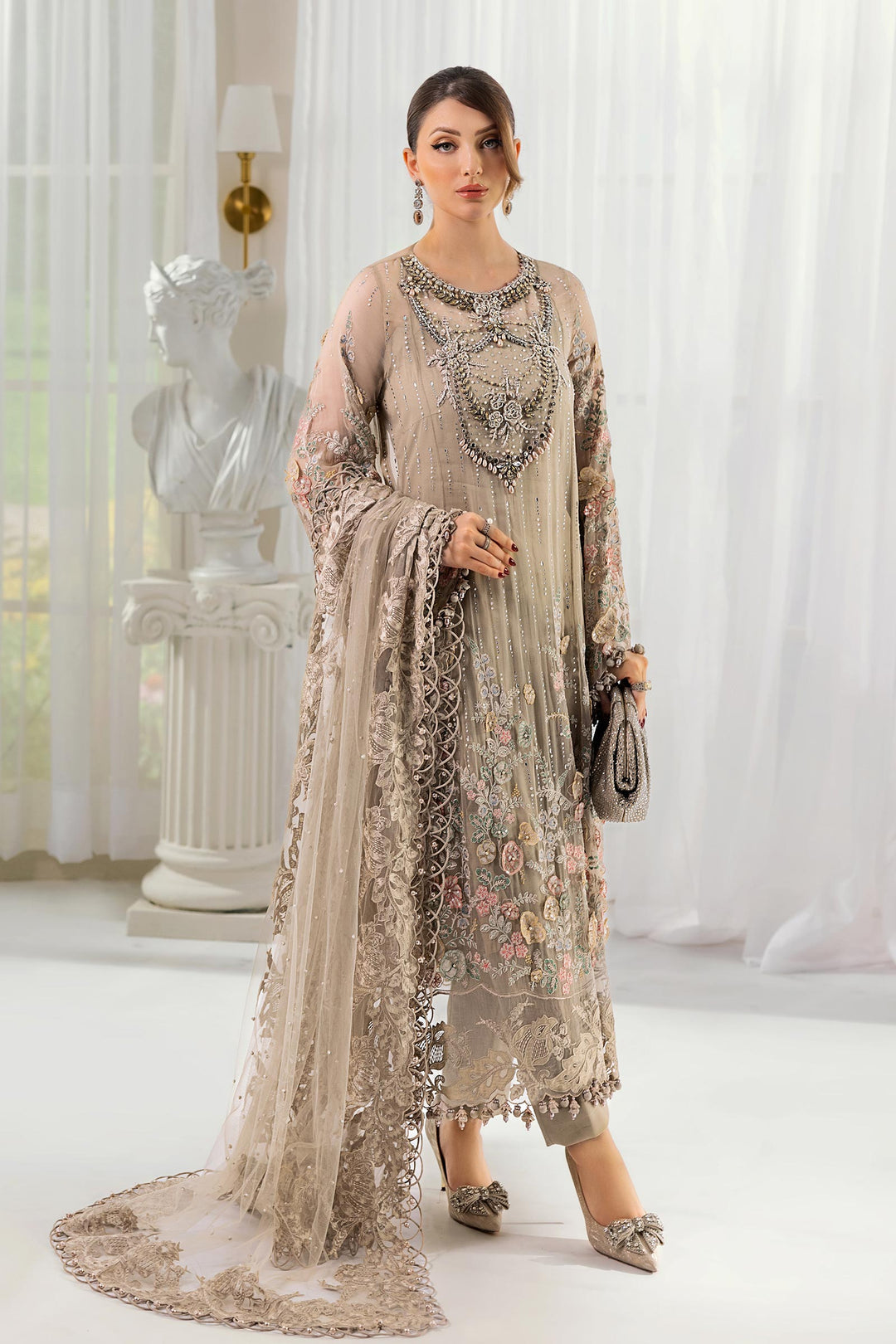 3 Piece Maria .B Unstitched Embroidered Chiffon Suit | MPC-25-107